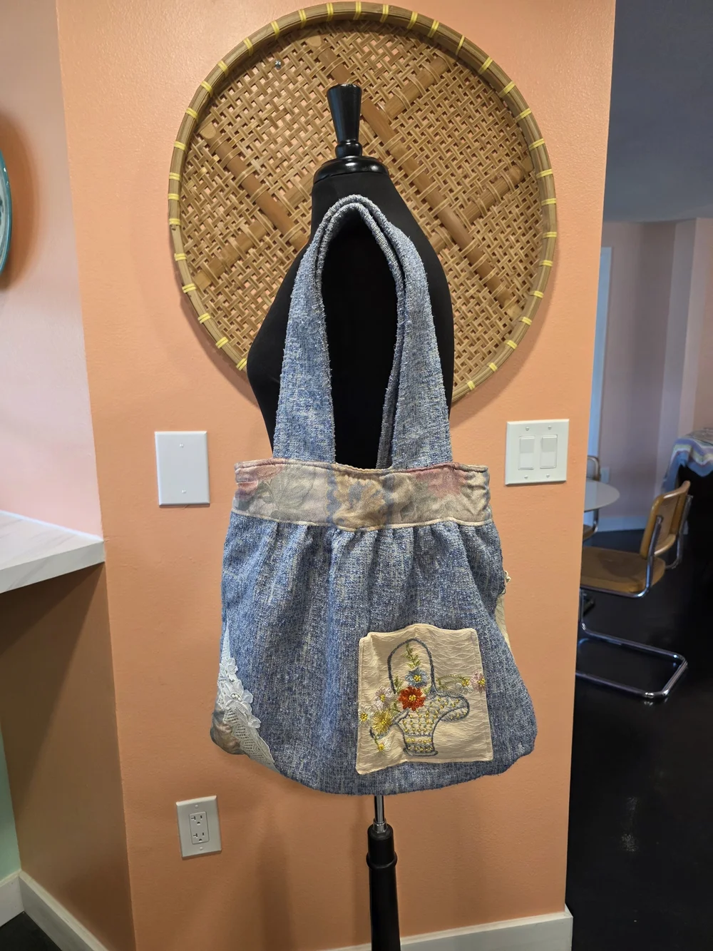 Handmade Patchwork Boho Embroidered Tote Shoulder Bag - Blue Cottagecore